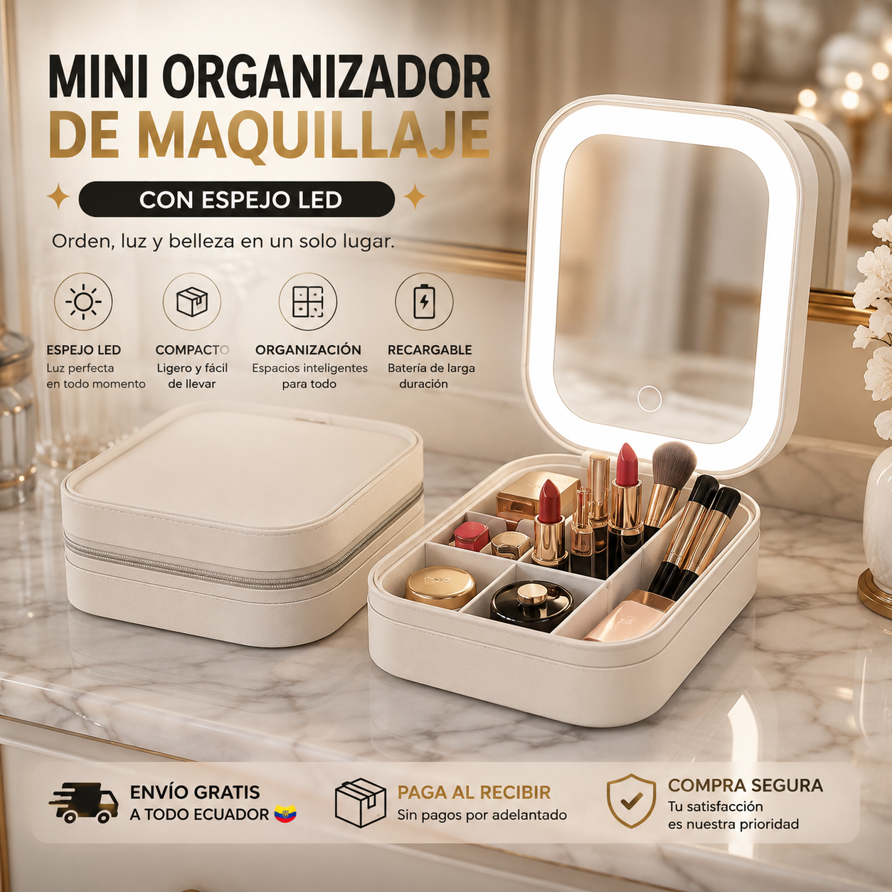 MINI ORGANIZADOR DE MAQUILLAJE CON ESPEJO LED