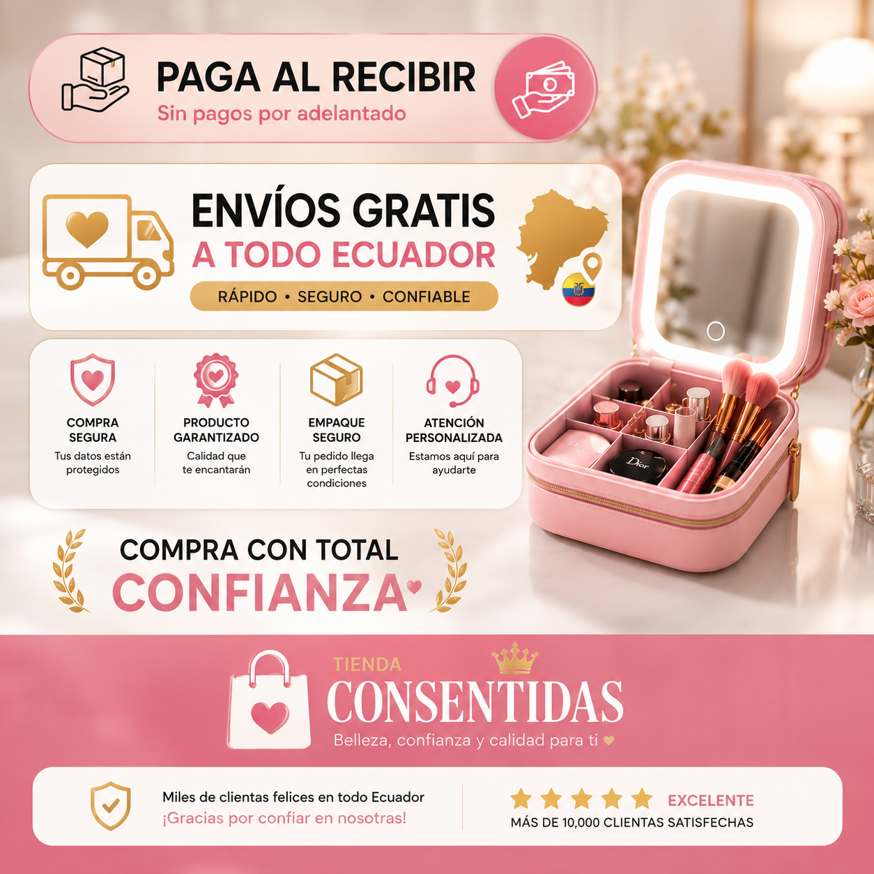 MINI ORGANIZADOR DE MAQUILLAJE CON ESPEJO LED